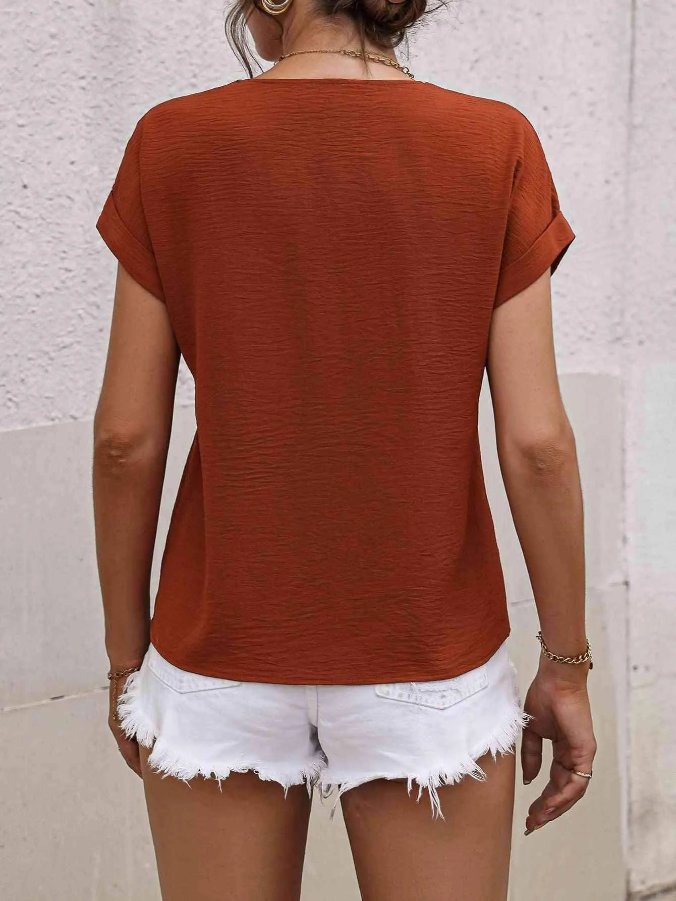Buttoned V-Neck Short Sleeve Blouse Blouses - Tophatter Daily Deals